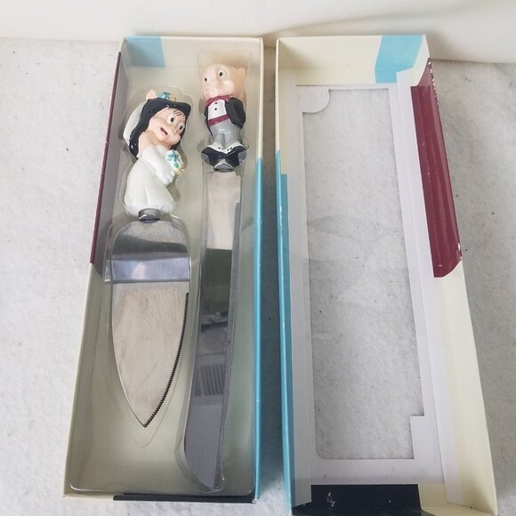 Cake Server Knife Set VTG Looney Tunes Porky/ Petunia Pig Wedded Bliss Wedding - Picture 1 of 9